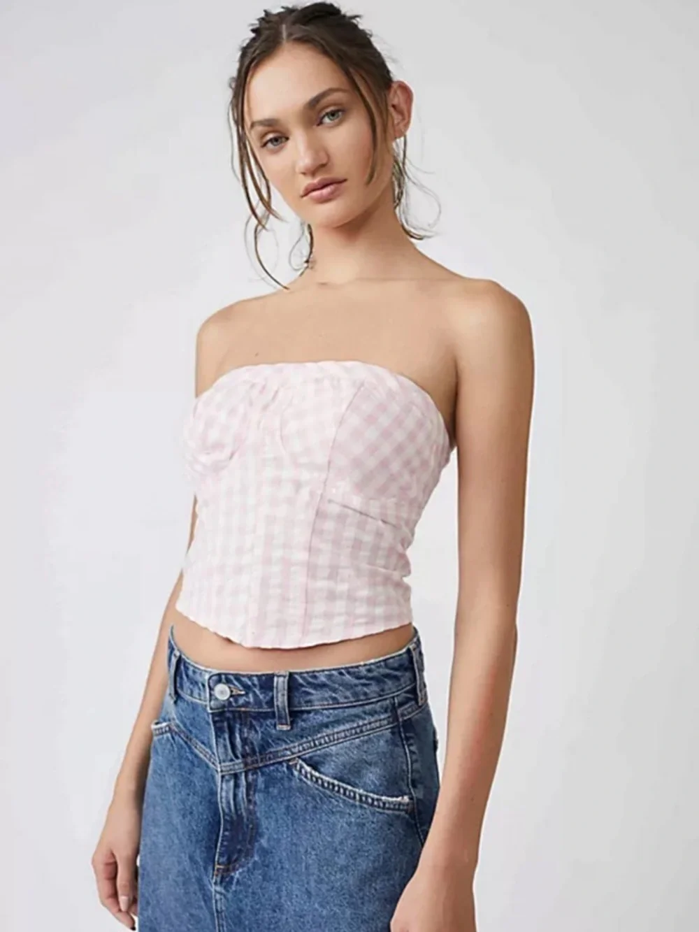Free People Retro Leilani Gingham tube top pink white medium